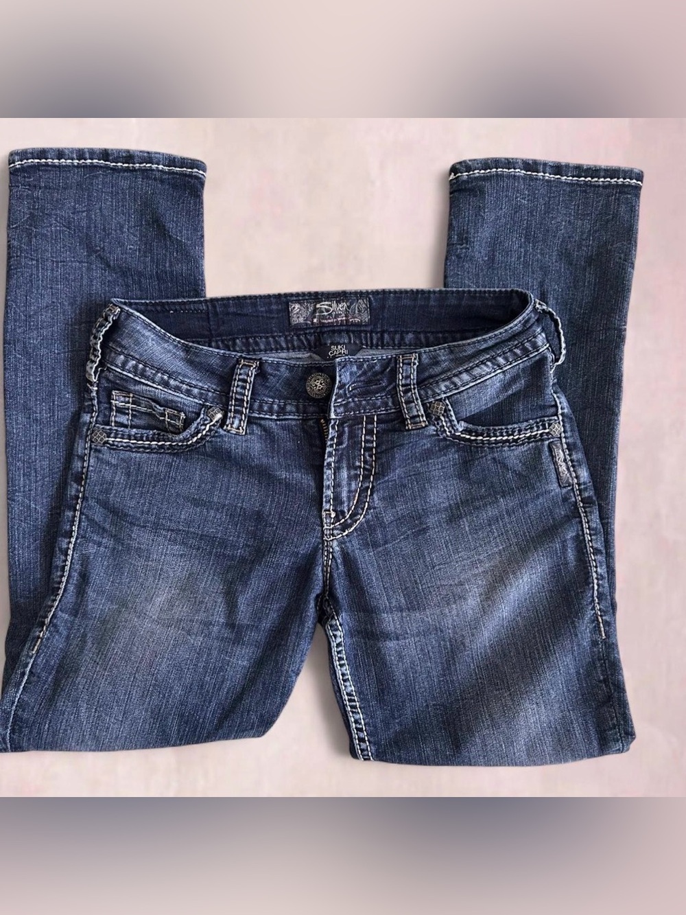 Silver Jeans Women's Dark Indigo Straight Leg Jeans with White Stitching - Picture 3 of 7